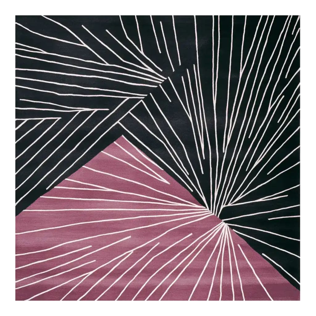Contemporary square area rug with an abstract design featuring bold black and purple sections intersected by white lines, perfect for modern living rooms. This hand tufted wool rug adds a stylish touch to any space, making it an ideal choice for those seeking unique rugs for living room decor.