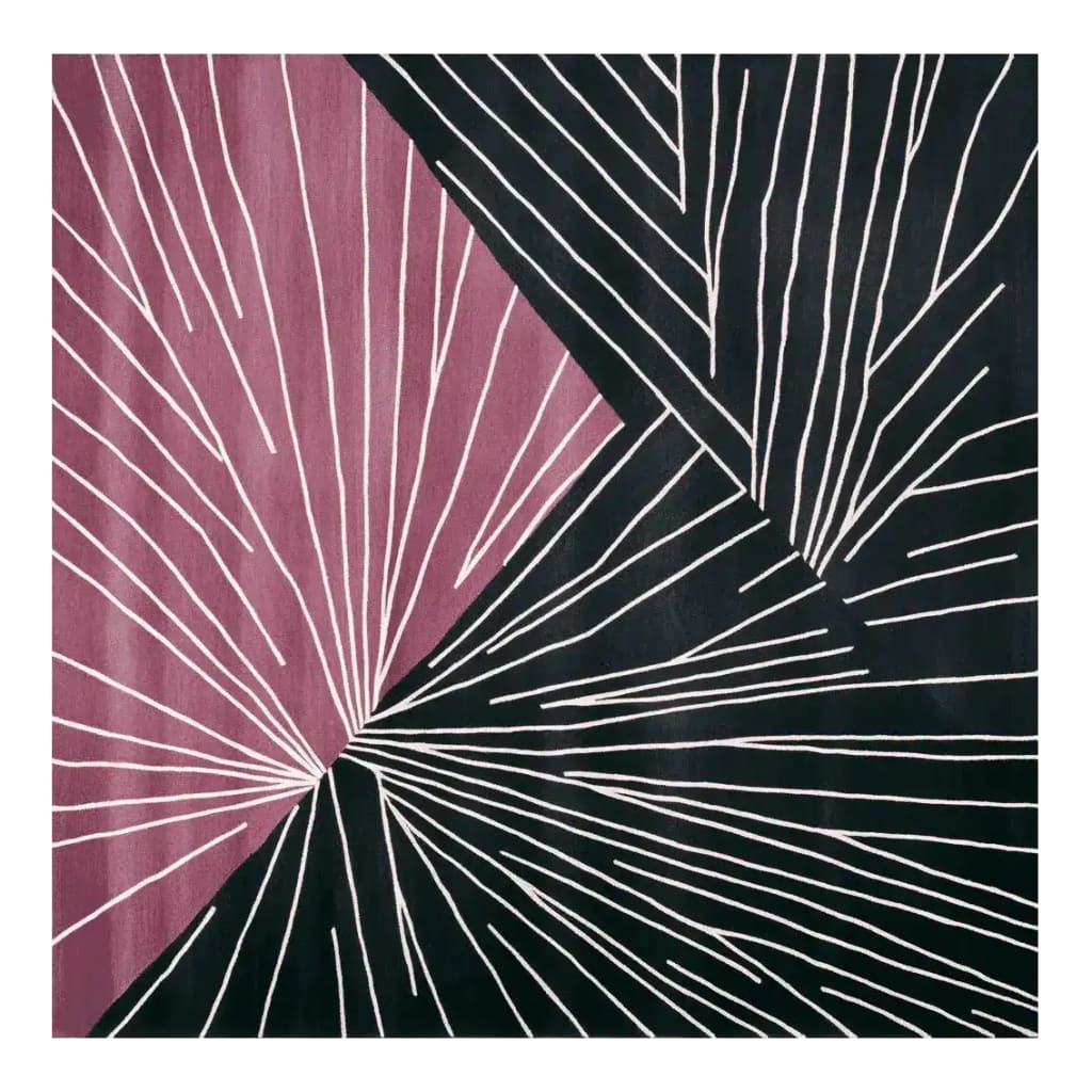 Contemporary wool area rug with an abstract design featuring dynamic white lines over vibrant pink and black sections, perfect as a square area rug for modern living room settings.