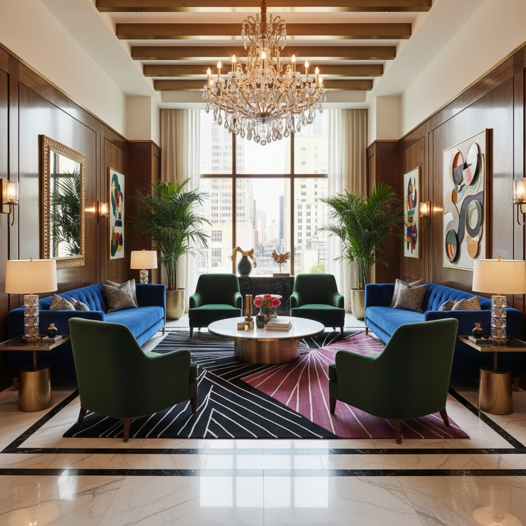 Luxurious living room with blue sofas, green chairs, and a chandelier.