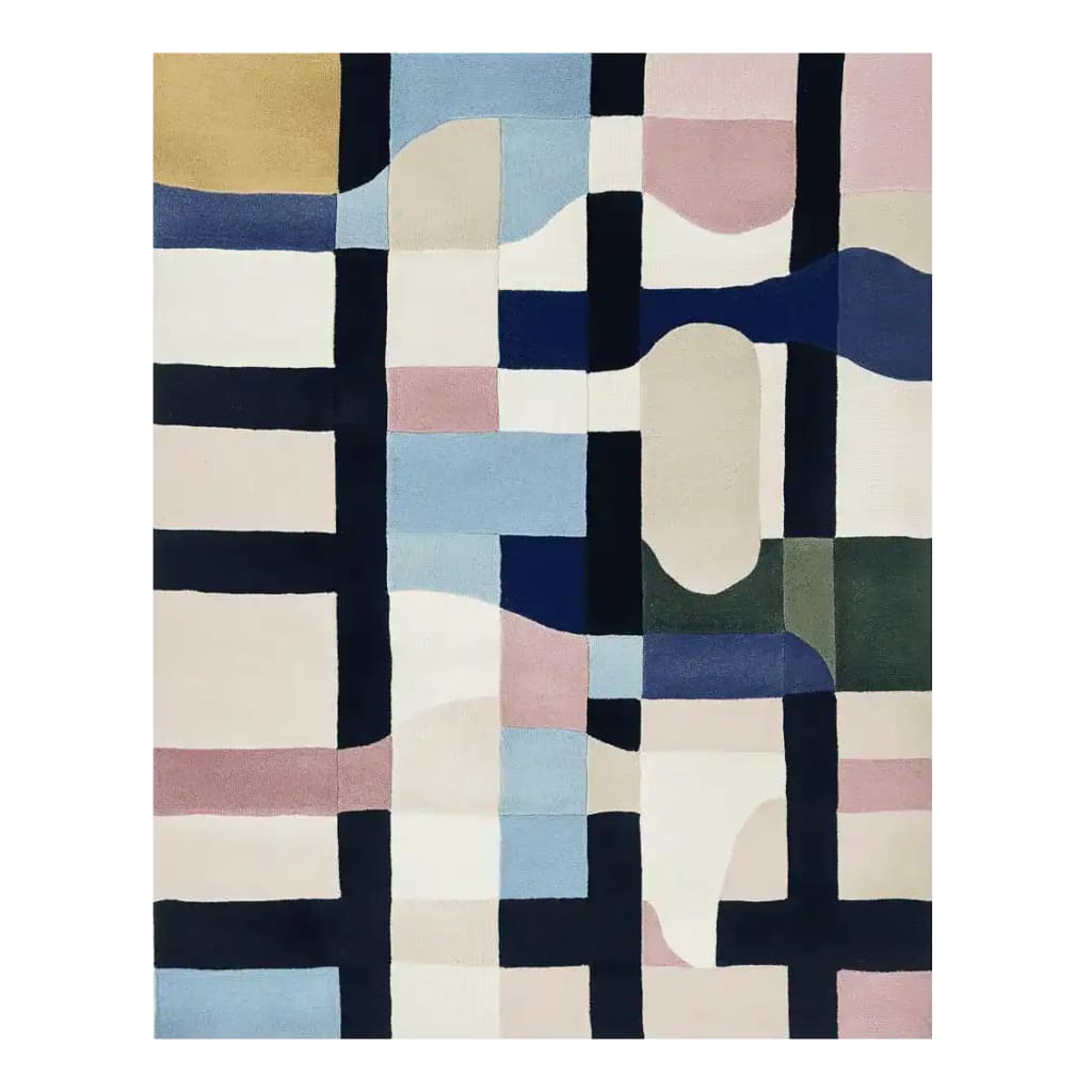 A contemporary area rug featuring a spliced spectrum design in pastel shades of blue, pink, and beige. This wool rug showcases an abstract pattern perfect for adding a modern touch to living room spaces. Ideal for those seeking stylish area rugs for living room decor.