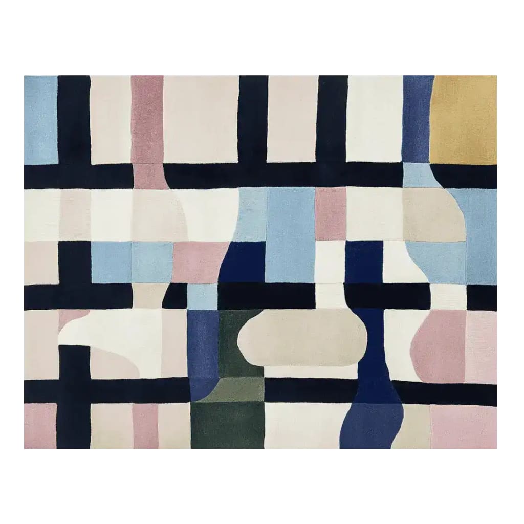 Top view of a Spliced Spectrum Hand Tufted Area Rug showcasing a vibrant abstract design. This contemporary wool rug features an array of pastel and dark geometric shapes, making it a stylish addition to any living room. Perfect as an area rug for living room spaces, it combines modern aesthetics with comfort.
