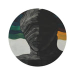Split Spectrum Round Rug flat lay, abstract split-face portrait with white wave lines, black silhouette and color bands