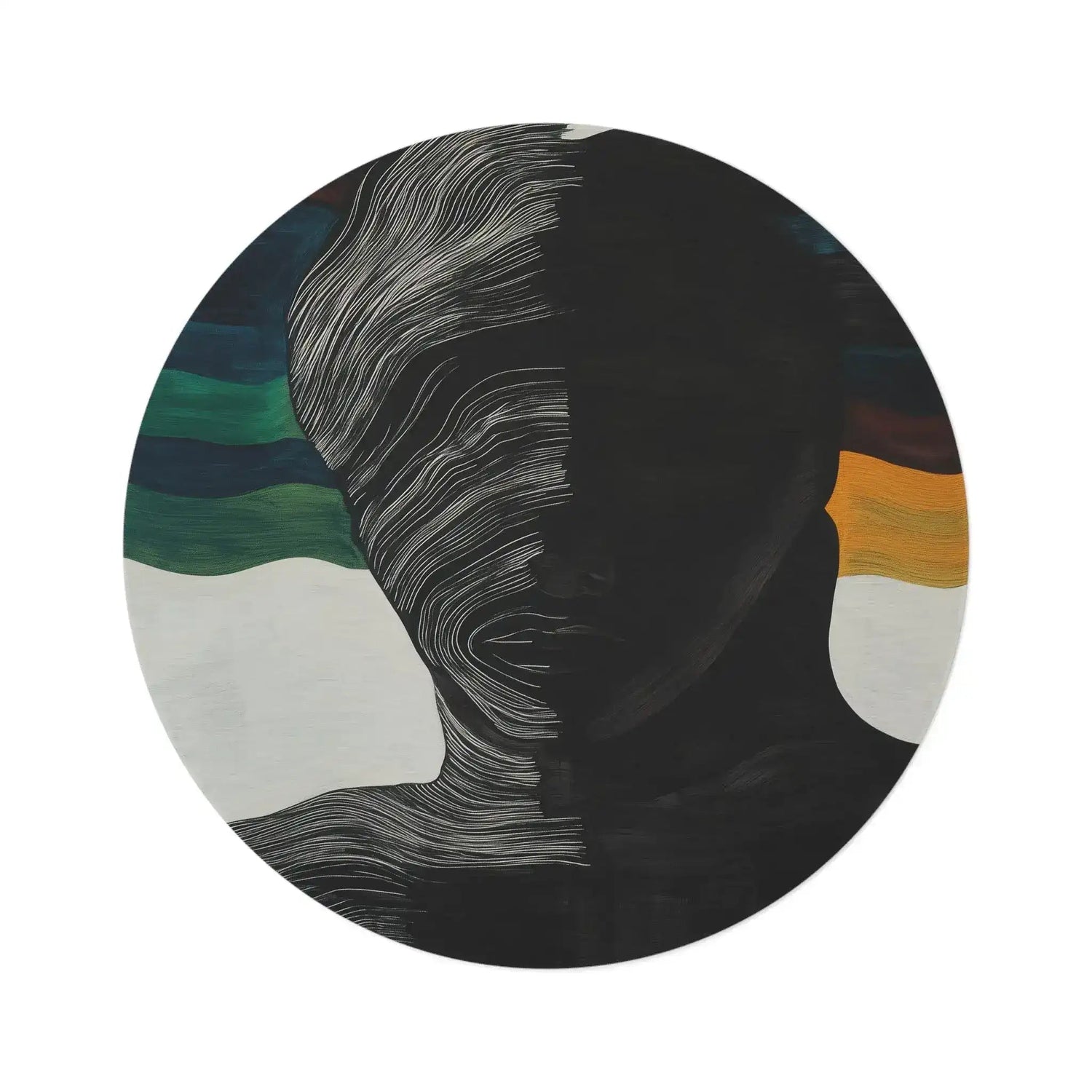 Split Spectrum Round Rug flat lay, abstract split-face portrait with white wave lines, black silhouette and color bands