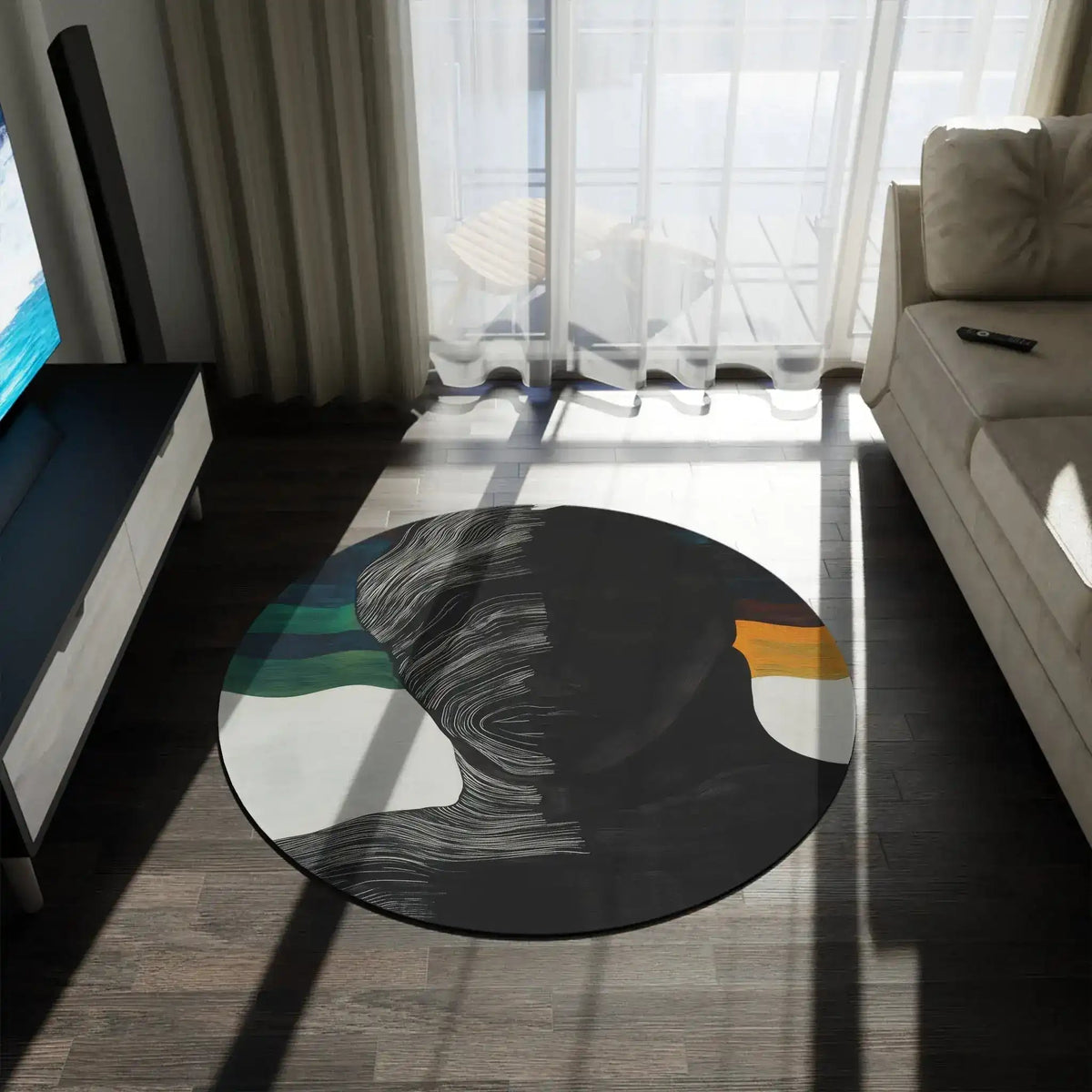 Split Spectrum Round Rug close-up on dark floor showing abstract face with white wave lines and warm color bands