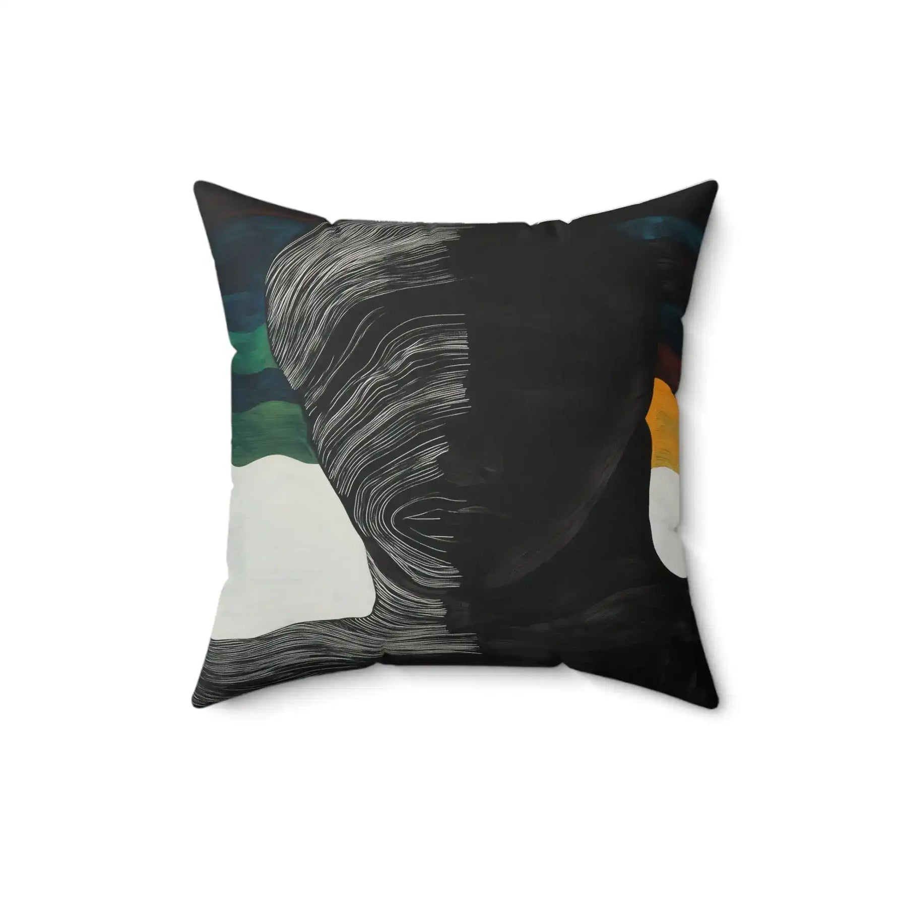 Split Spectrum Throw Pillow full front view on white background with swirling white lines dividing black surface, teal and gold accents