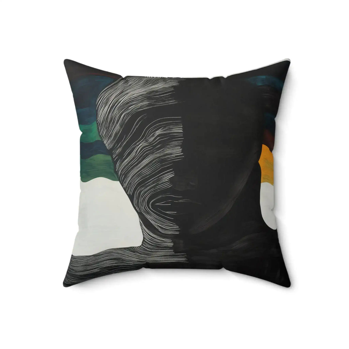 Split Spectrum Throw Pillow larger front view showing abstract wavy white line pattern on black with green and amber color fields