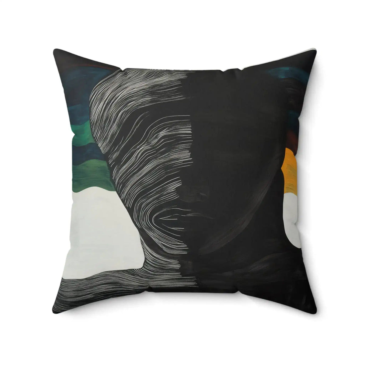 Split Spectrum Throw Pillow angled view with bold white undulating lines on black ground, teal top-left and gold top-right patches