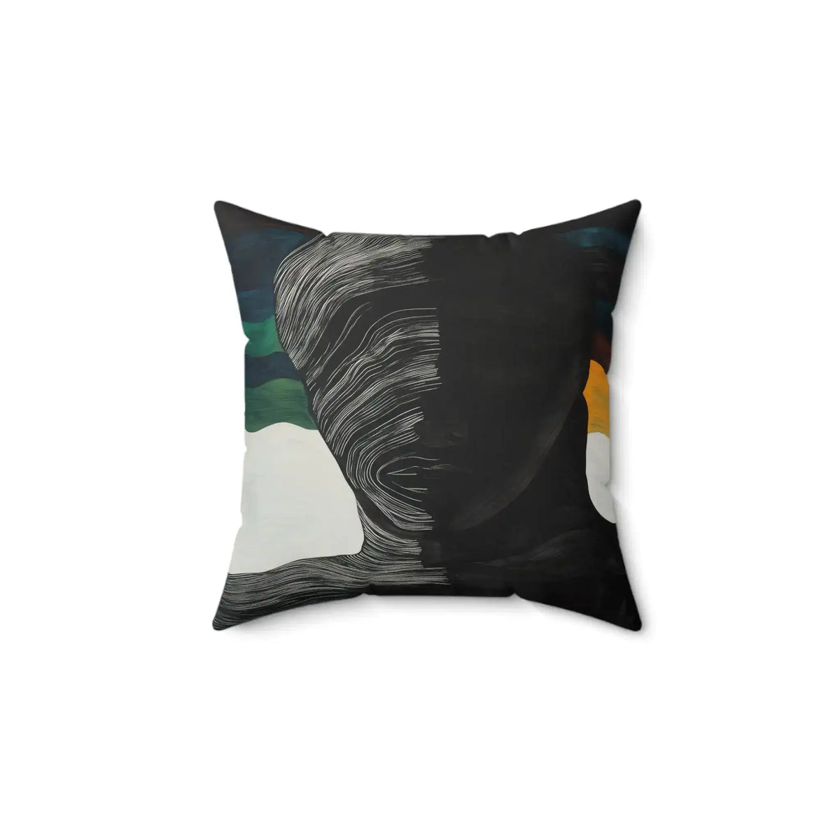 Split Spectrum Throw Pillow small front view on white background showing black cushion with flowing white line and color block design