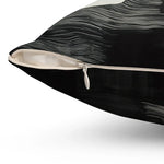 Close-up corner detail of Split Spectrum Throw Pillow showing white zipper closure on black wave-line printed fabric edge
