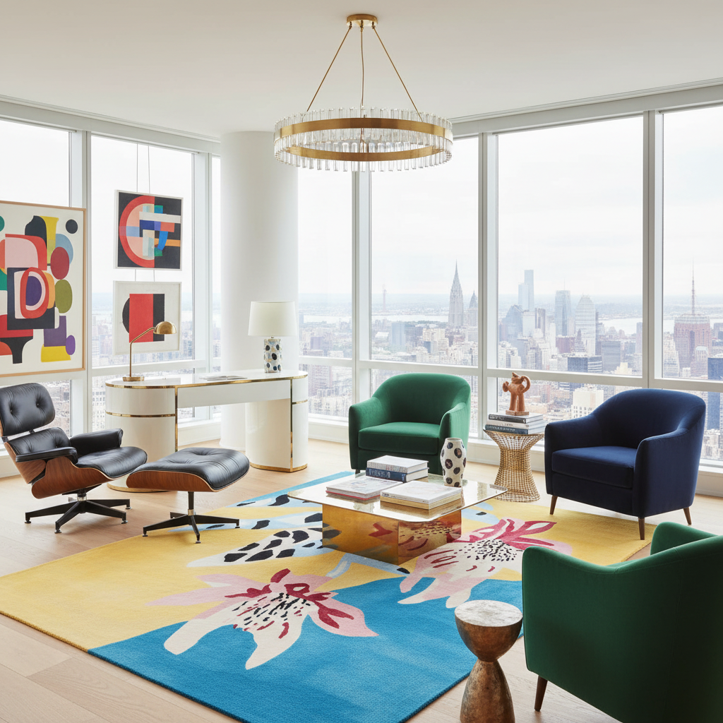 Modern living room with colorful rug, chairs, and city view