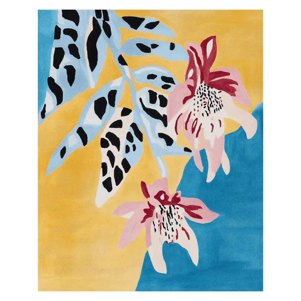 A vibrant Spotted Petal Paradise Hand Tufted Area Rug showcasing an abstract floral design with striking colors of blue, yellow, and pink. This contemporary wool rug is perfect for adding a splash of color to living room area rugs, especially in an 8x10 space.