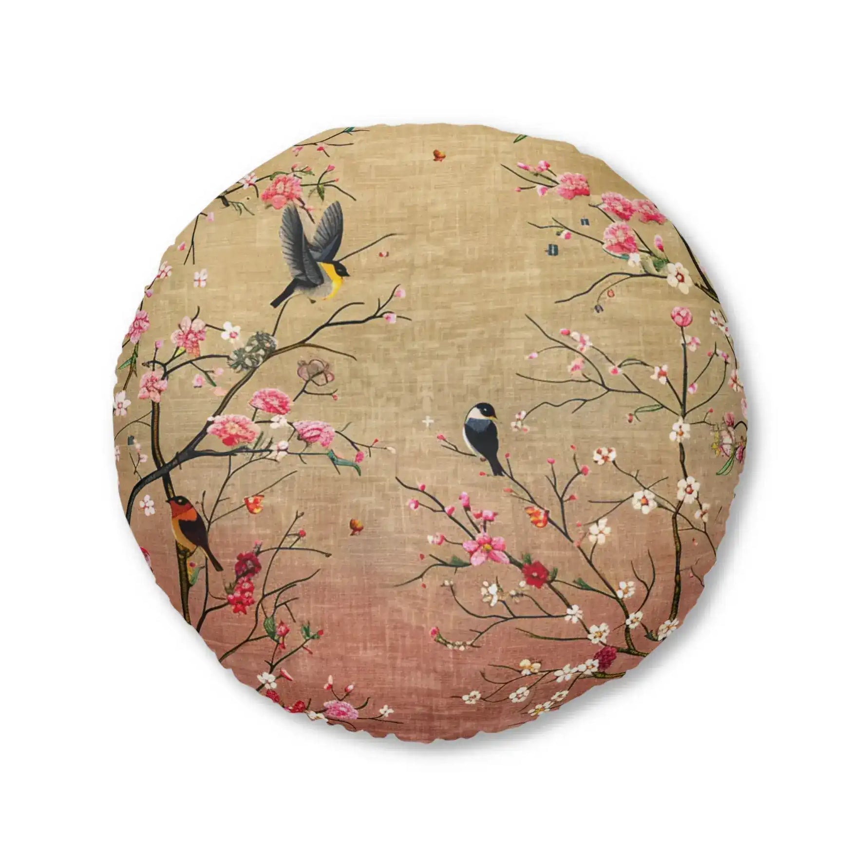 Spring Blossom Birds Floor Pillow round cushion with pink flowers and dark perched birds on golden background, larger view