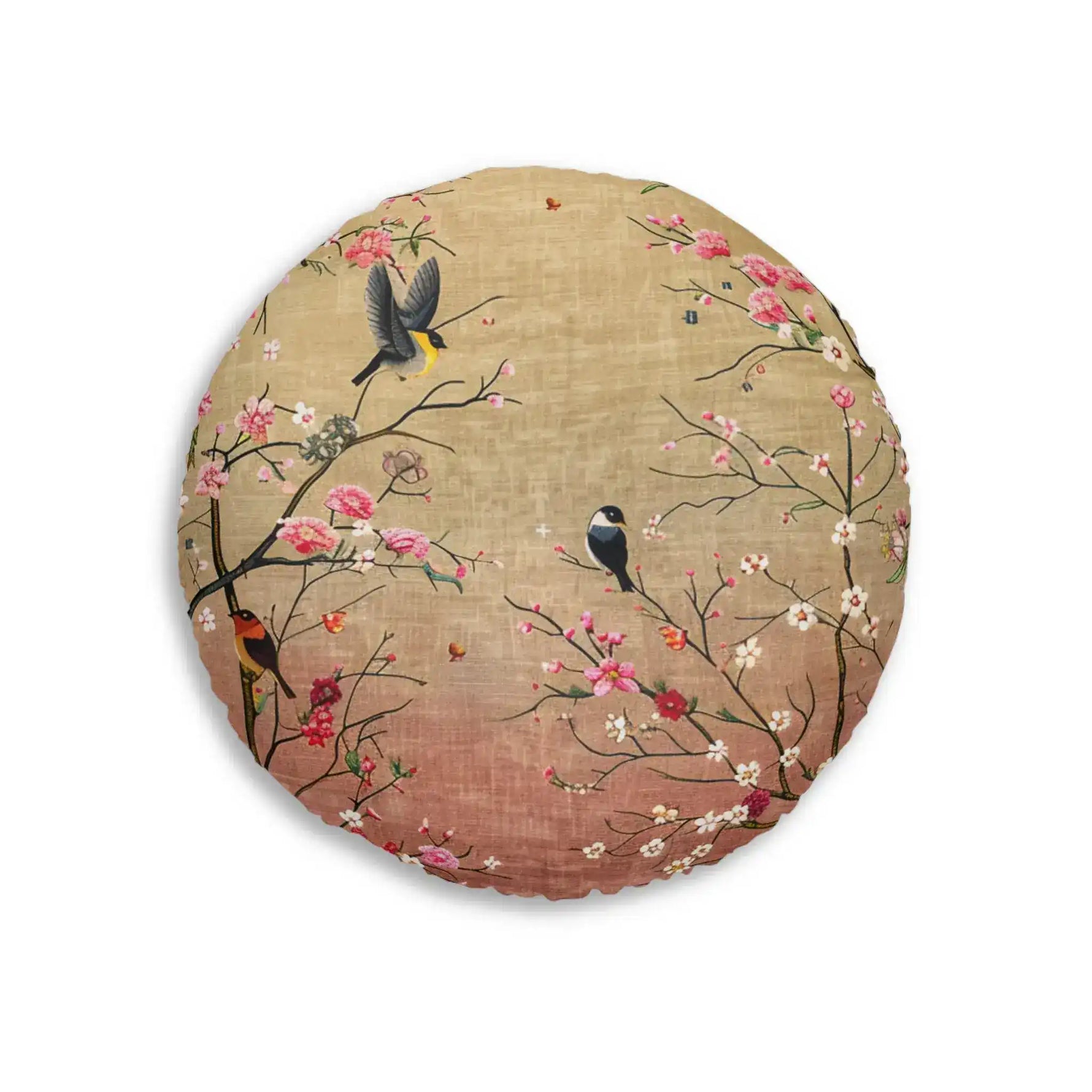 Spring Blossom Birds Floor Pillow showing cherry blossoms and songbirds on warm gold to rose gradient, slightly zoomed