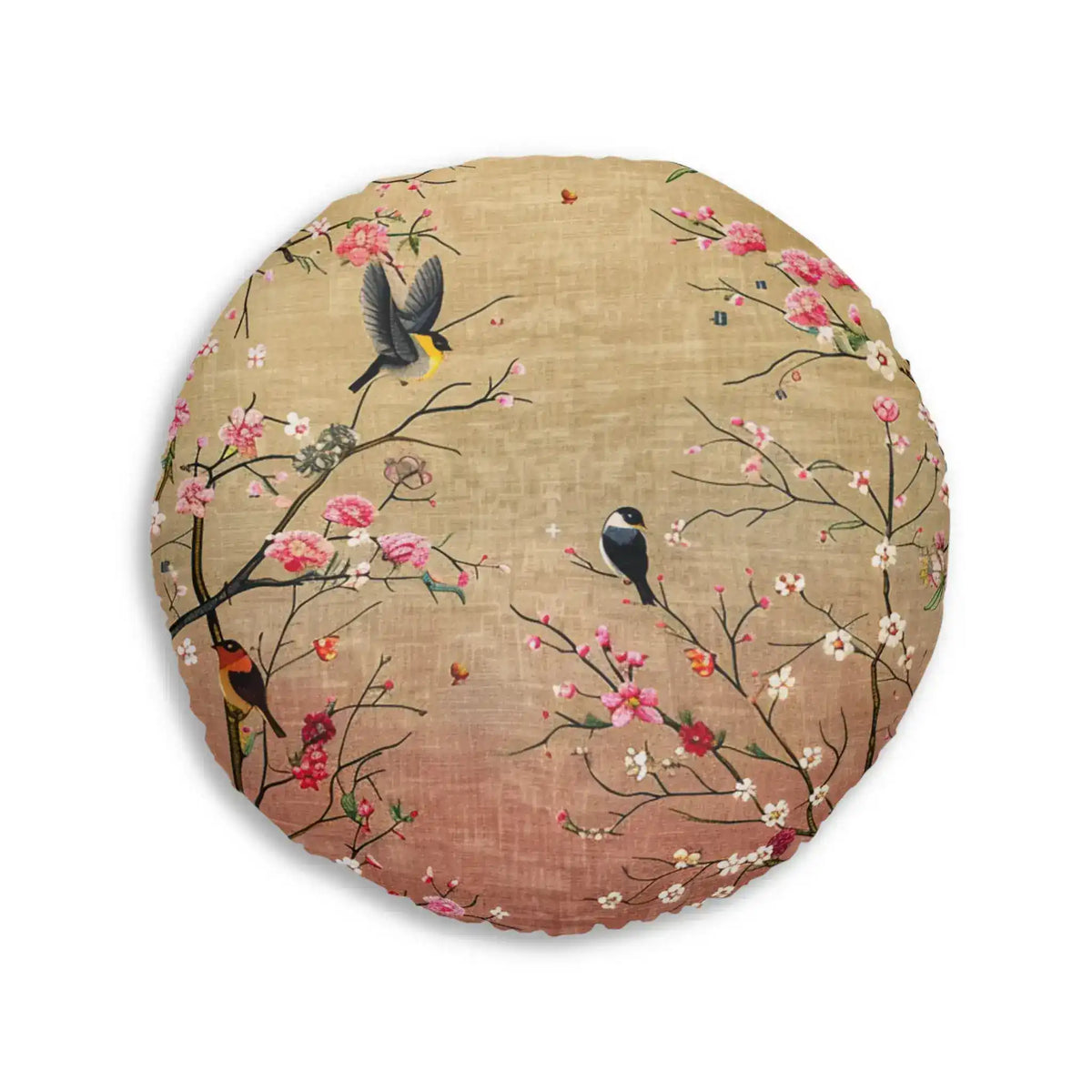 Spring Blossom Birds Floor Pillow round cushion with cherry blossoms and perched birds on warm golden base, clean view