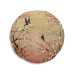 Spring Blossom Birds Floor Pillow round cushion with cherry blossoms and perched birds on warm golden base, clean view