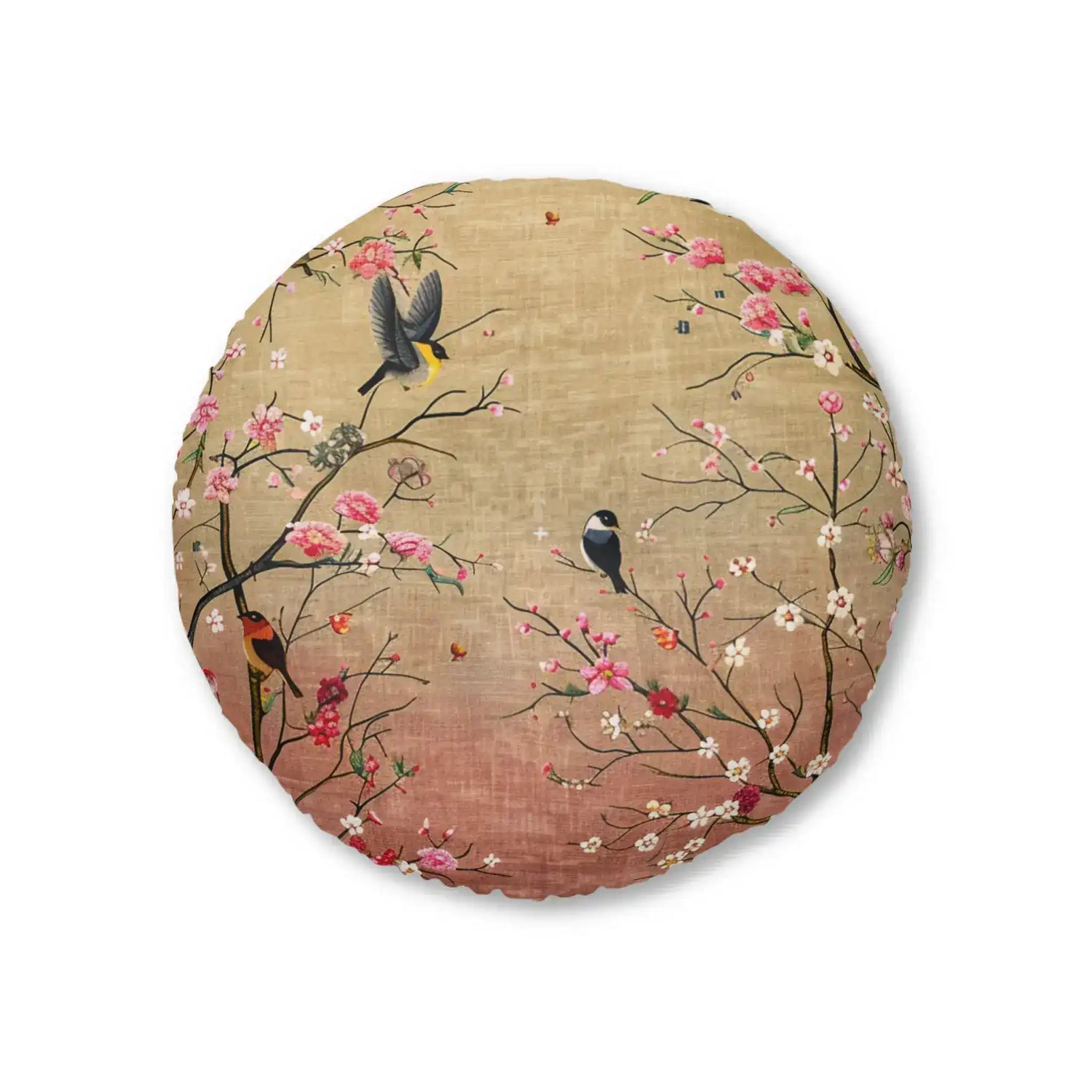 Round floor pillow with spring cherry blossom branches and colorful birds on warm gold to rose gradient background