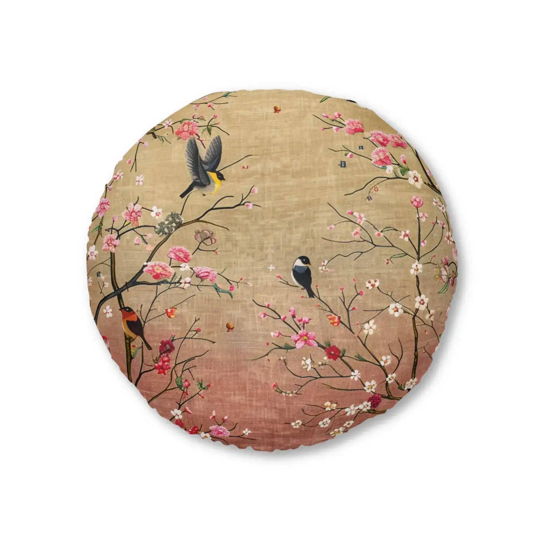 Round floor pillow with spring cherry blossom branches and colorful birds on warm gold to rose gradient background