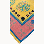 Close-up of a vibrant Spring Blossom Traditional Hand Tufted Area Rug in a 5 x 7.5 ft size, showcasing intricate floral patterns in yellow, pink, and blue hues, ideal for living room decor. This wool rug adds a boho touch to large area rugs collection, perfect for those seeking stylish living room rugs 8x10.