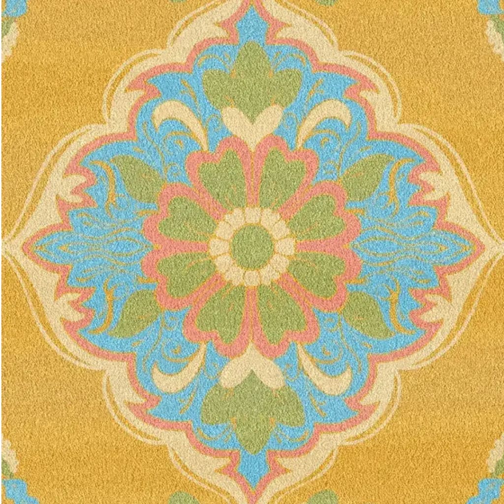 A vibrant Spring Blossom Traditional Hand Tufted Area Rug showcasing an intricate floral pattern with green, blue, and pink motifs on a warm yellow background. Perfect for adding a touch of elegance to the dining room or living room, this wool rug embodies boho charm, making it ideal for both formal dining room settings and casual living spaces.