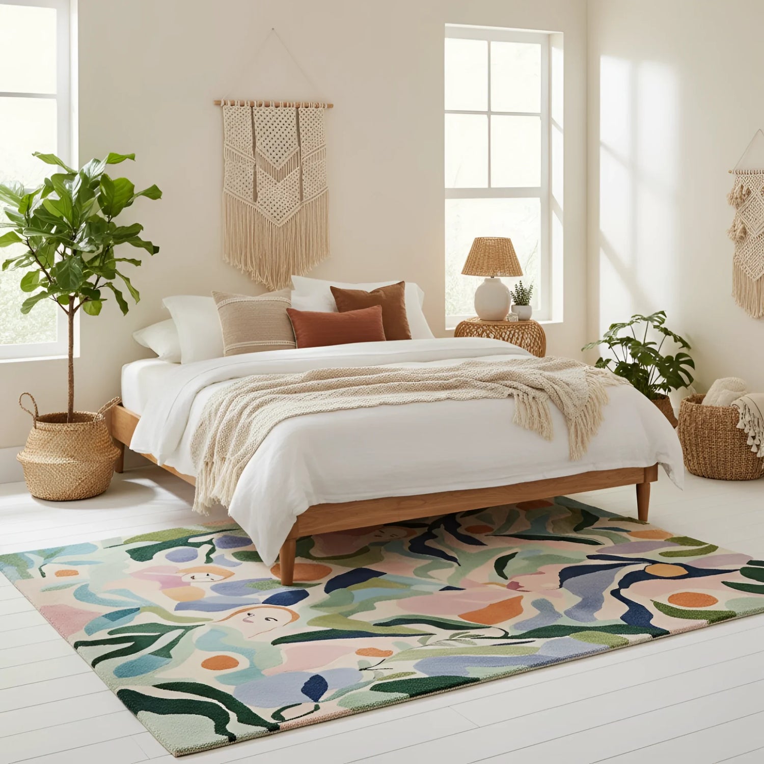 Neatly made bed in a bright bedroom with decorative elements and a colorful rug.