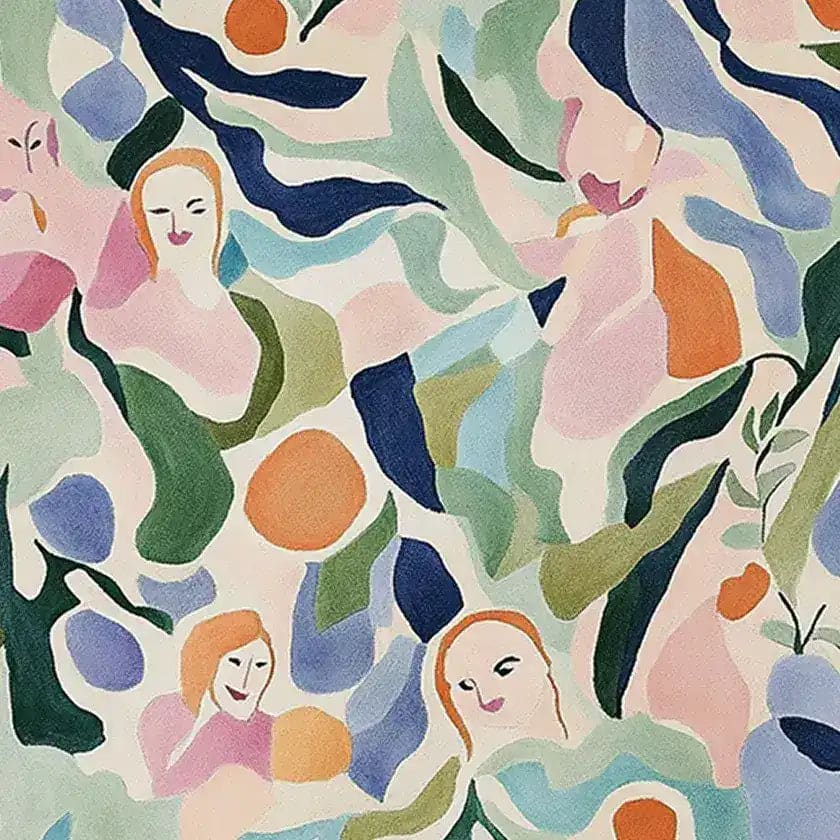 Vibrant and colorful area rug featuring an abstract design with pastel colors and playful patterns, perfect as a contemporary wool rug for a living room.