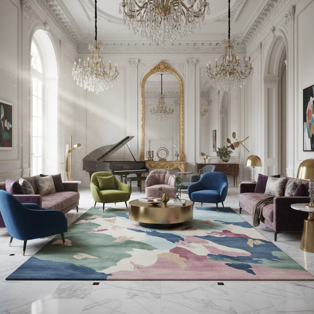 Luxurious living room with ornate decor, chandeliers, a contemporary hand-tufted wool rug, and a grand piano.