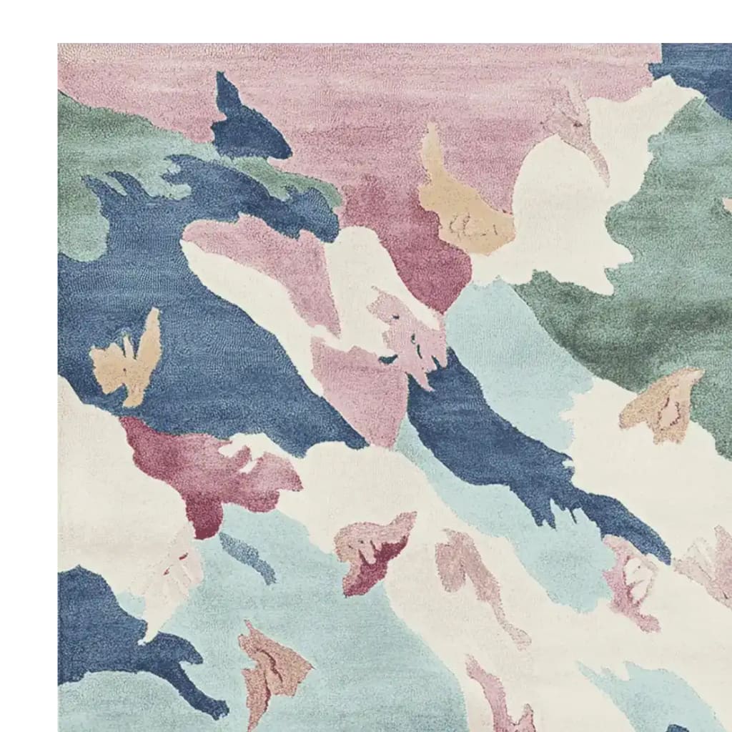 Top view of the Spring Earth Harmony Hand Tufted Area Rug featuring an abstract design with soft pastel colors. This contemporary wool rug adds a touch of modern elegance, perfect for living room area rugs.