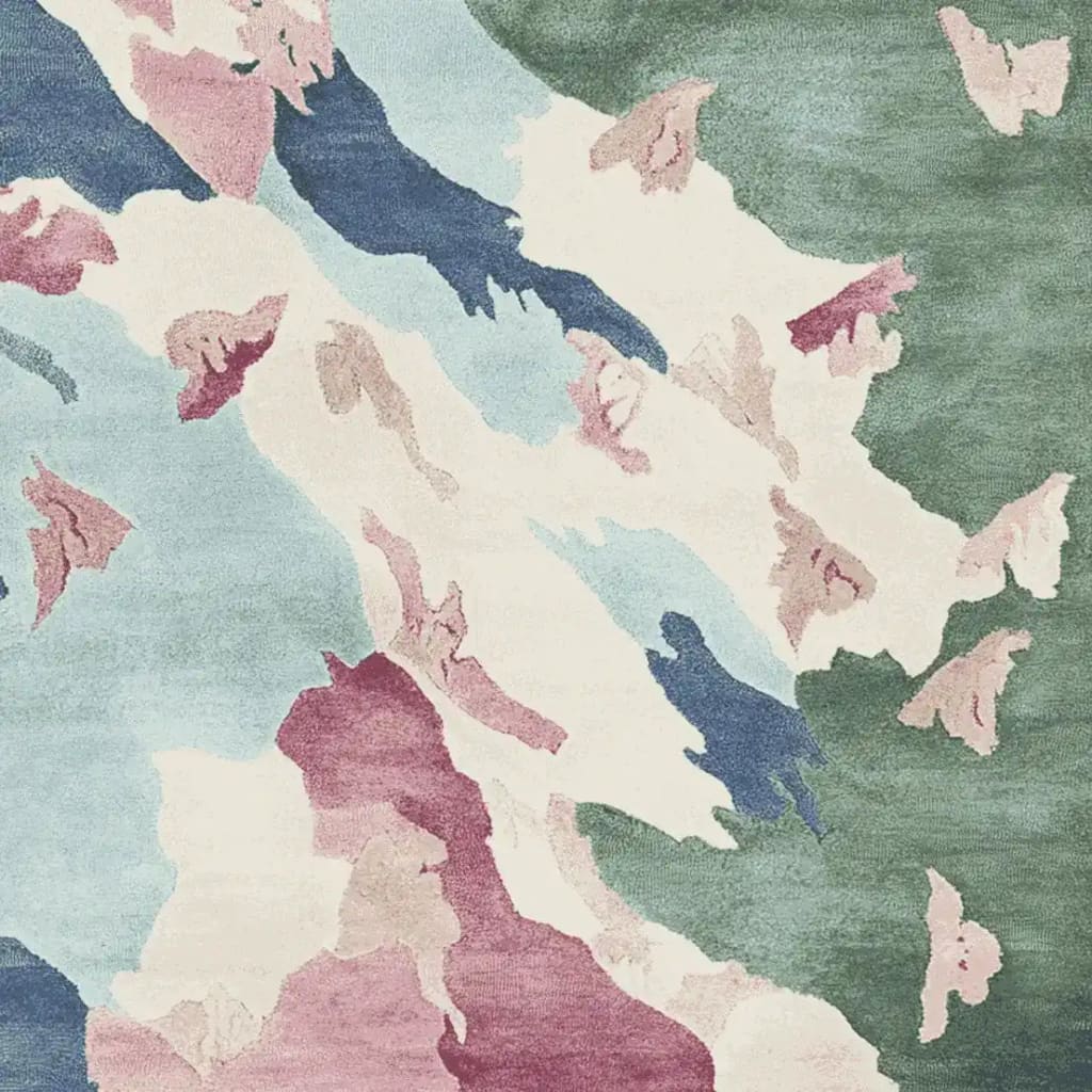 Vibrant abstract pattern on a hand tufted area rug, featuring a mix of soft blues, greens, and pinks. This contemporary wool rug is ideal for adding a touch of elegance to living room area rugs.