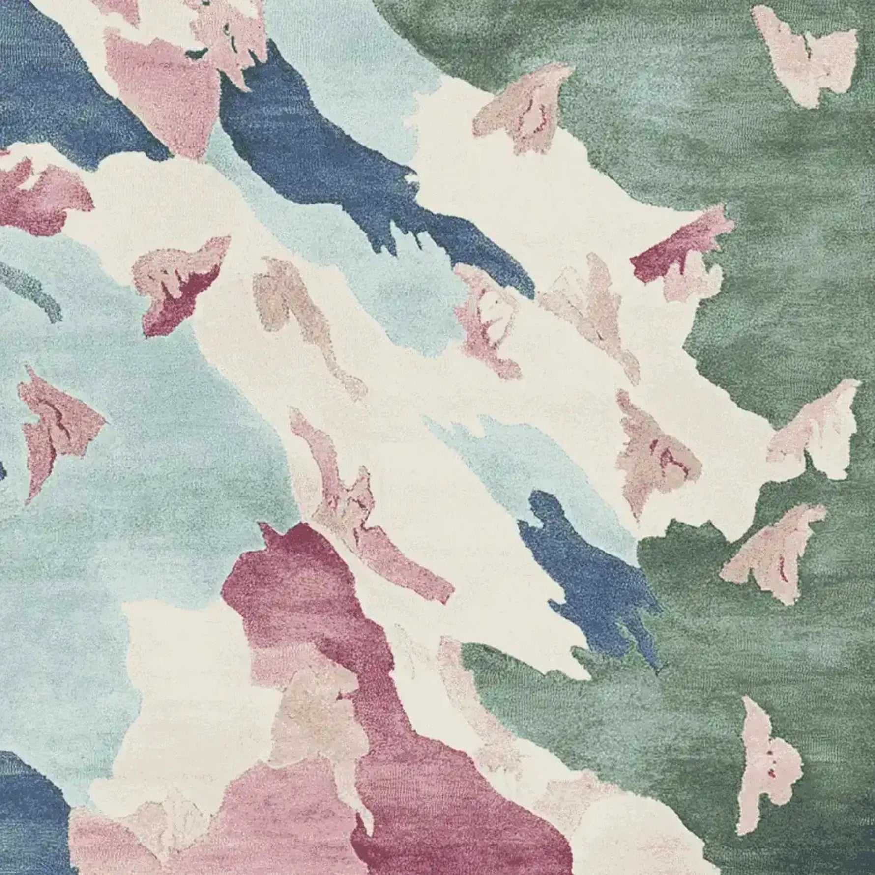 Vibrant abstract pattern on a hand tufted area rug, featuring a mix of soft blues, greens, and pinks. This contemporary wool rug is ideal for adding a touch of elegance to living room area rugs.
