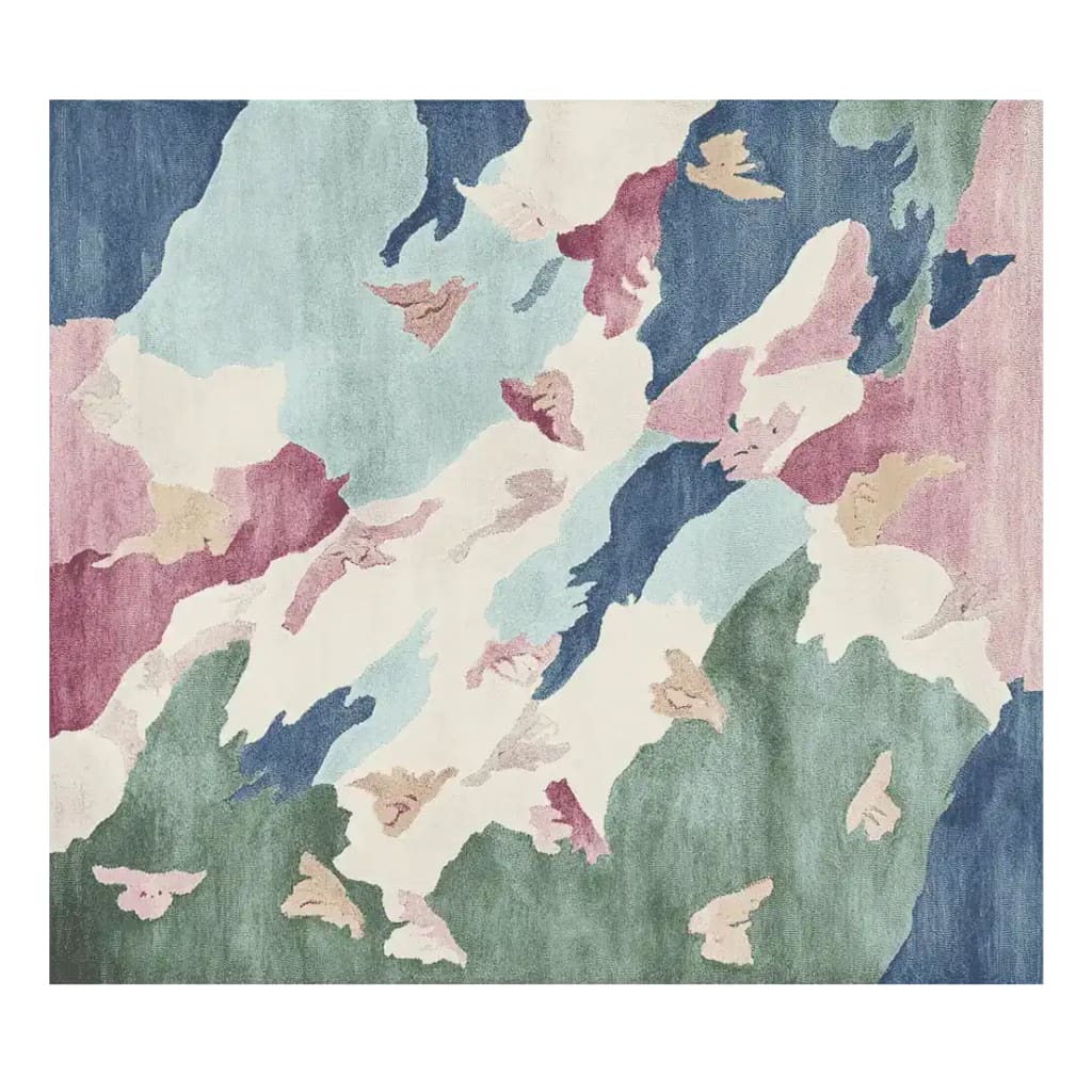 Vibrant and contemporary area rug featuring an abstract design with soft pastel colors including blues, greens, and pinks. This wool rug is perfect for adding a touch of elegance to living room area rugs.