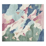 Vibrant and contemporary area rug featuring an abstract design with soft pastel colors including blues, greens, and pinks. This wool rug is perfect for adding a touch of elegance to living room area rugs.