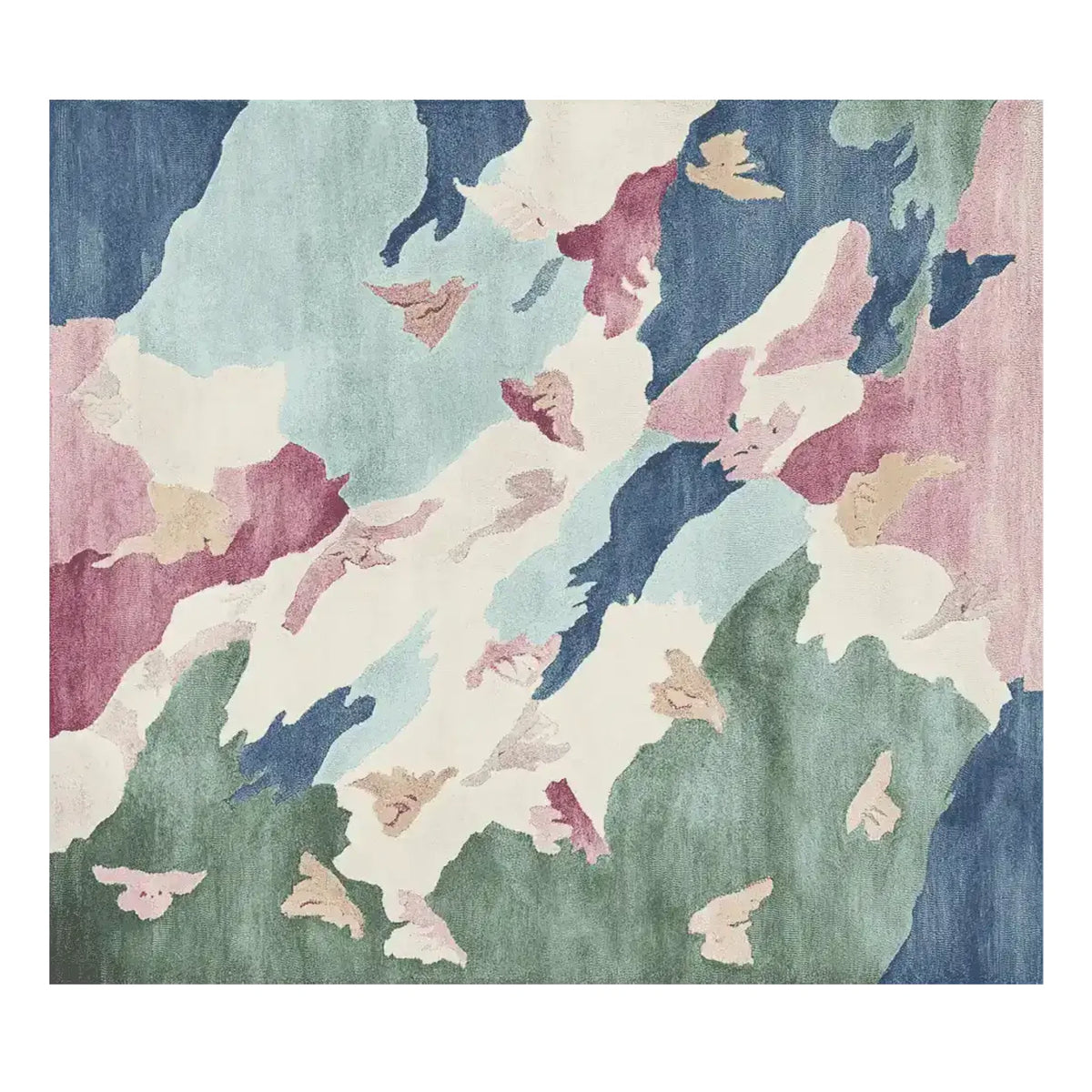 Vibrant and contemporary area rug featuring an abstract design with soft pastel colors including blues, greens, and pinks. This wool rug is perfect for adding a touch of elegance to living room area rugs.