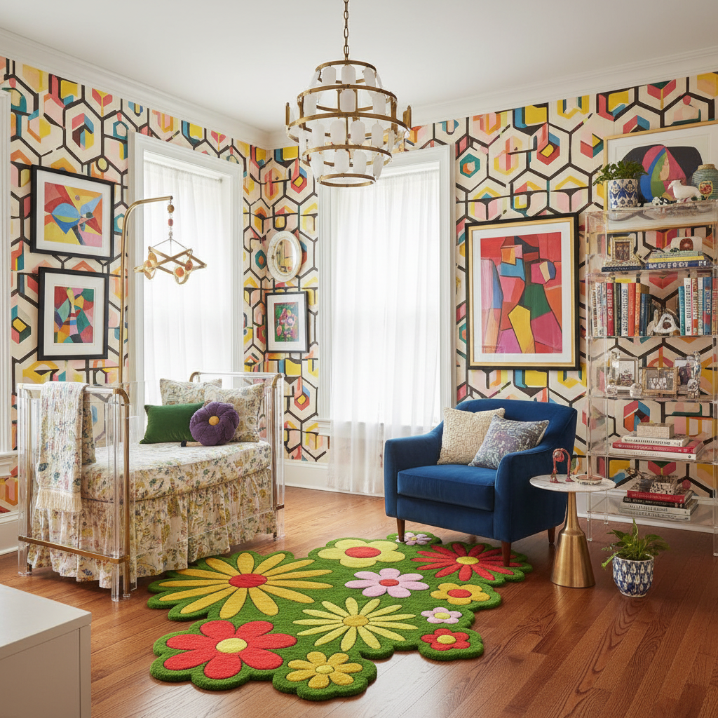 Colorful nursery with geometric wall patterns, floral rug, and blue armchair.