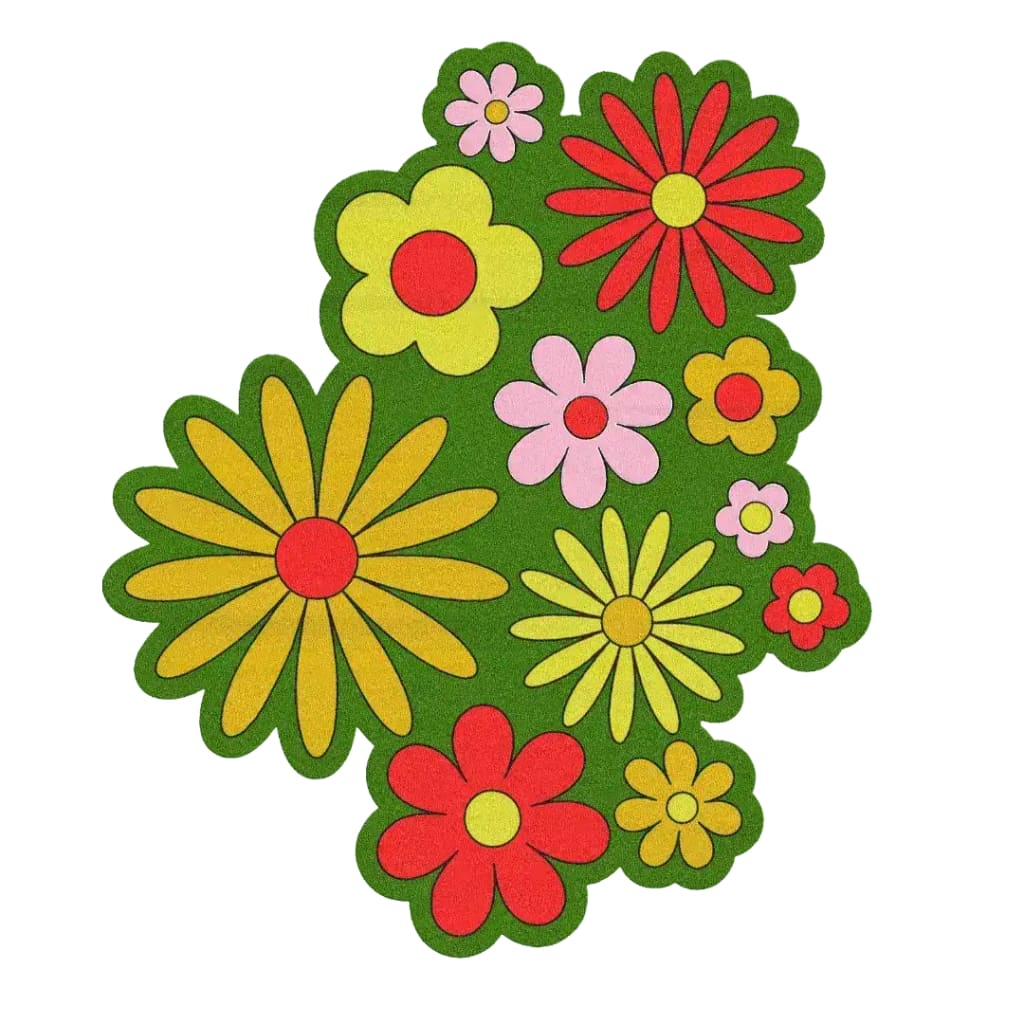 Vibrant Area Rug featuring an array of colorful spring flowers set against a lush green field, perfect for adding a cheerful touch to any office space. This wool rug showcases red, yellow, and pink daisies, making it an ideal choice for office rugs with a lively pattern.