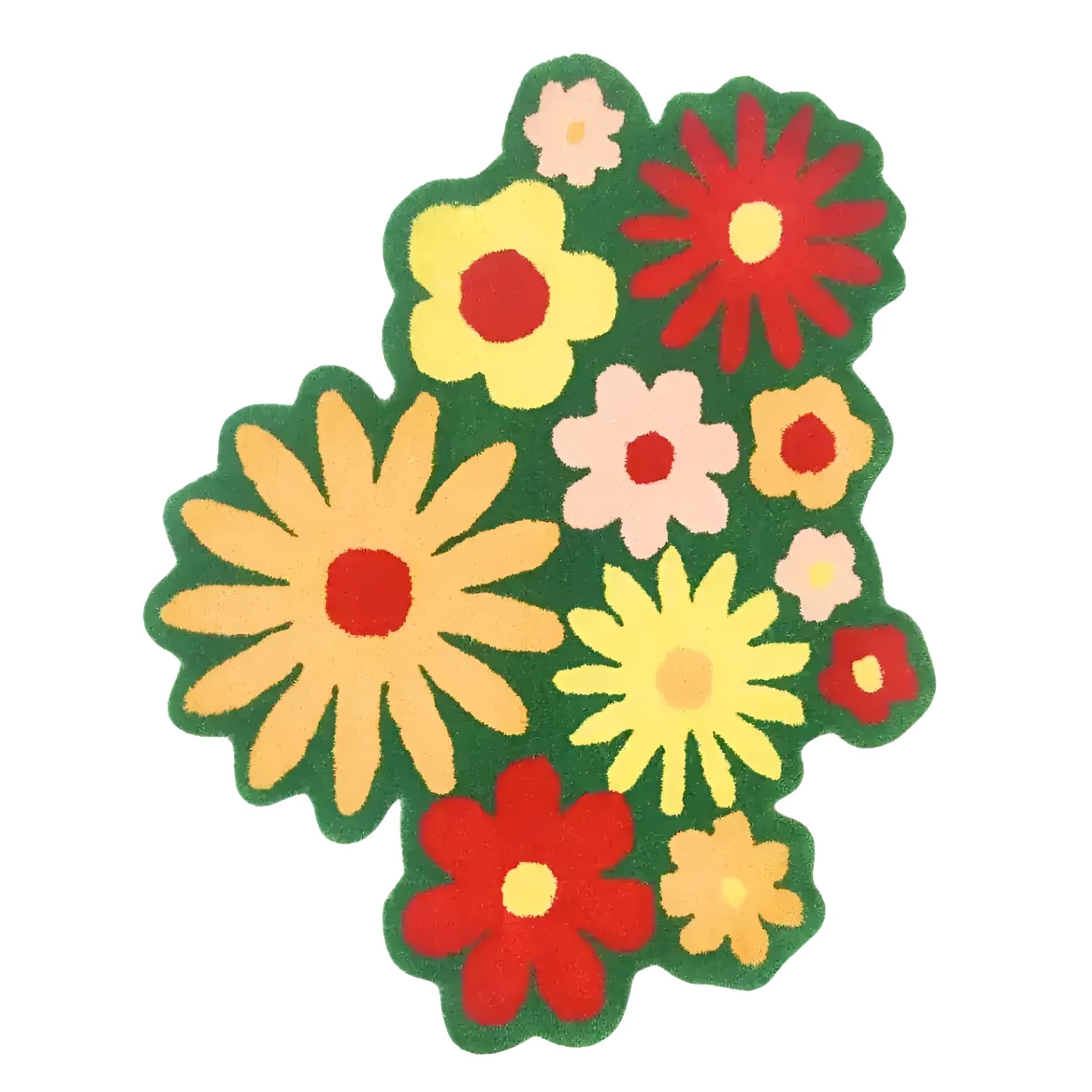 Vibrant wool area rug featuring a colorful array of spring flowers set against a lush green background, perfect for adding a touch of nature to any office space.