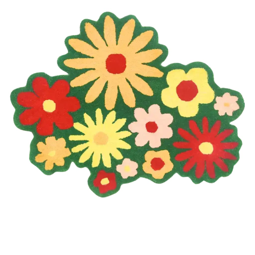 Bright and colorful area rug featuring a vibrant floral design with red, yellow, and pink flowers set against a green background. Perfect for adding a touch of nature to your office space, this wool rug offers a cheerful and stylish addition to any office decor.