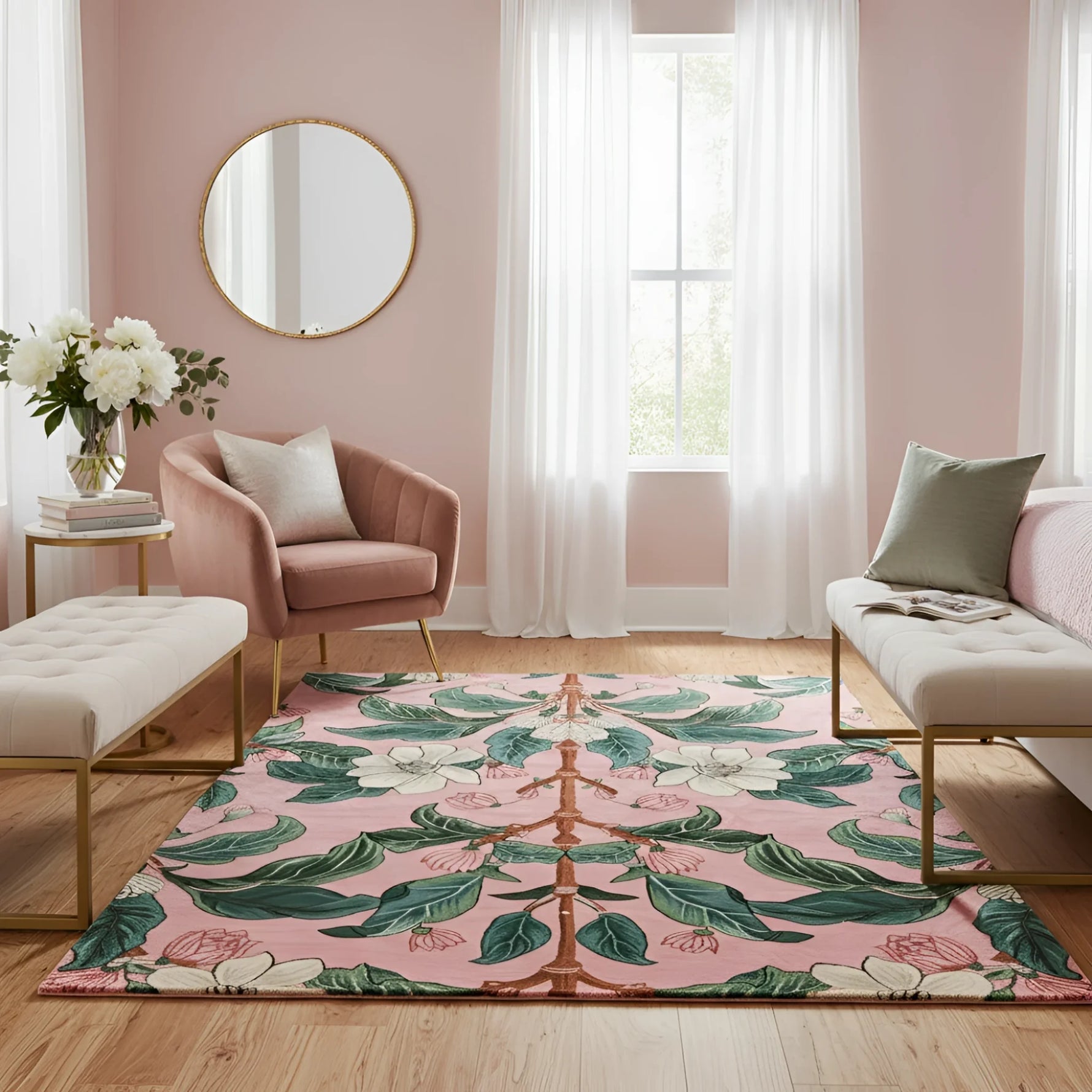 Living room with a pink floral rug, pink armchair, and white curtains.