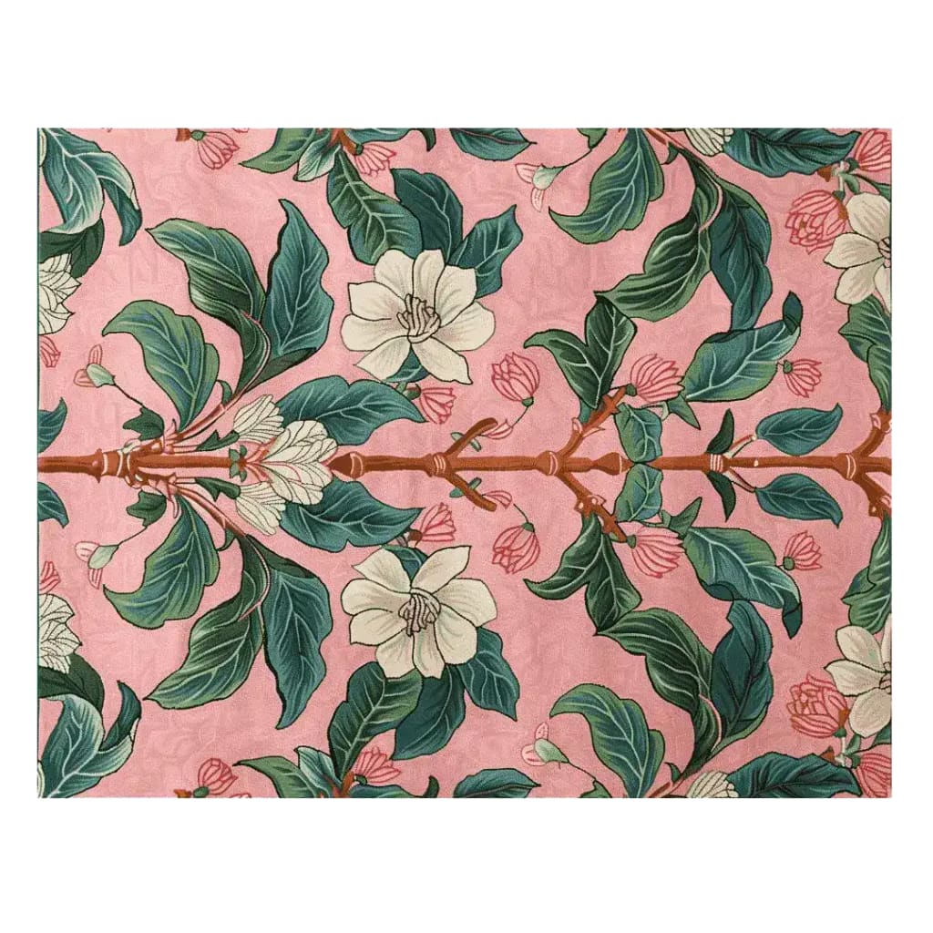 Vibrant Spring Garden Petals Hand Tufted Area Rug showcasing a stunning floral design. This wool rug features intricate green leaves and delicate white flowers against a soft pink backdrop, perfect for large area rugs in the living room.