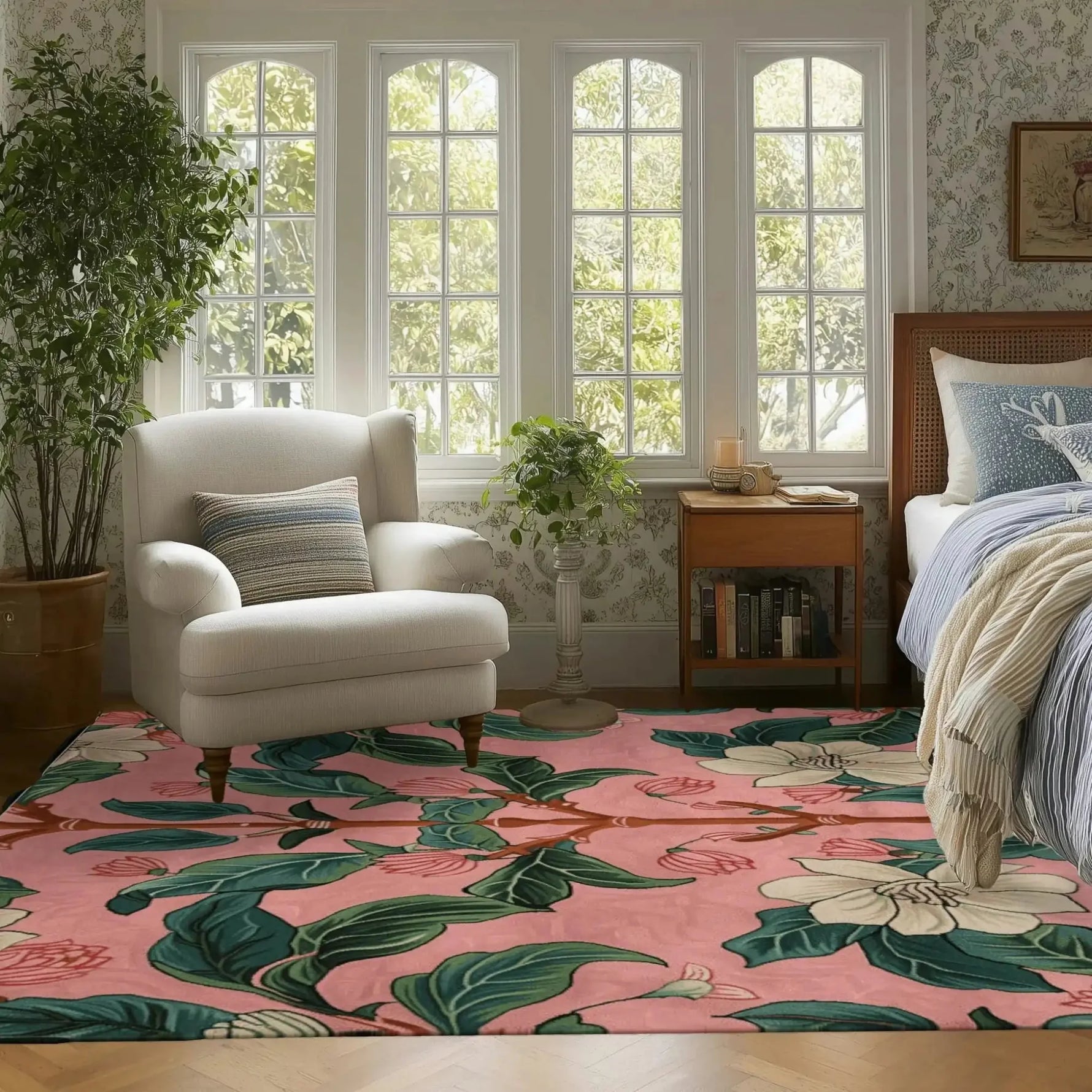 This inviting living room features a Spring Garden Petals Hand Tufted Area Rug, showcasing a vibrant floral design with lush green leaves and delicate petals. The large area rug, perfect for a living room setting, adds a touch of nature-inspired elegance to the space. Made from high-quality wool, this floral rug complements the cozy armchair and natural light streaming through the windows, creating a warm and welcoming atmosphere.