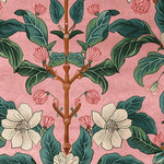 A vibrant floral area rug featuring a hand-tufted design with lush green leaves and white blossoms on a soft pink background. This wool rug is ideal for adding a touch of nature to large area rugs for living room spaces.