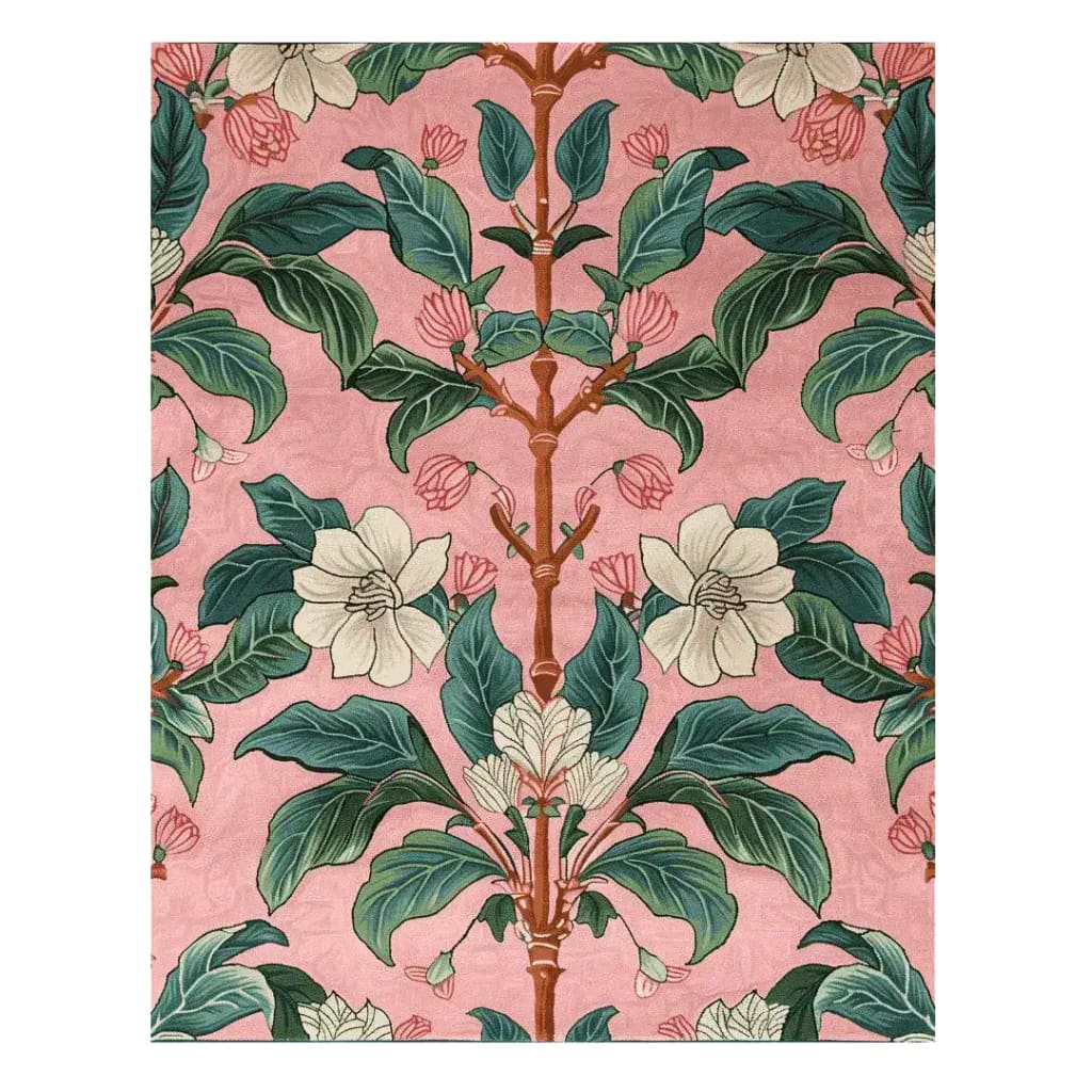 Vibrant hand-tufted area rug featuring a floral pattern with large, lush green leaves and delicate white flowers against a soft pink background. Perfect for adding a touch of elegance to your living room, this large area rug is crafted from high-quality wool, offering both beauty and durability.