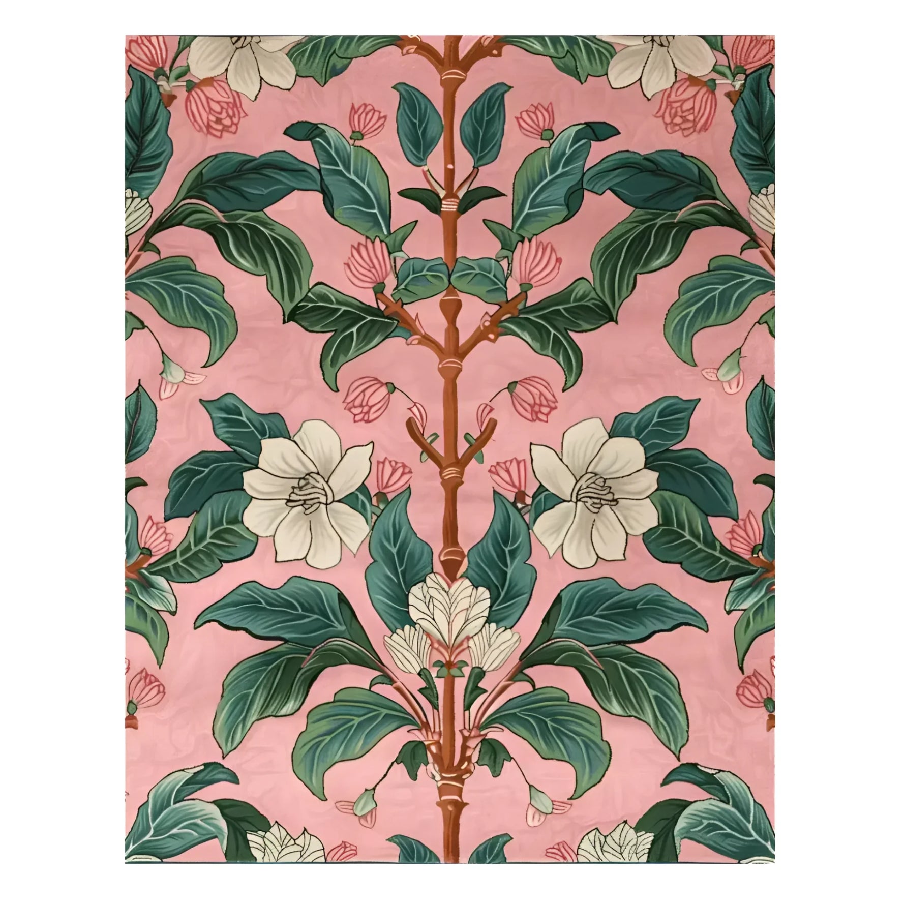 Vibrant hand-tufted area rug featuring a floral pattern with large, lush green leaves and delicate white flowers against a soft pink background. Perfect for adding a touch of elegance to your living room, this large area rug is crafted from high-quality wool, offering both beauty and durability.