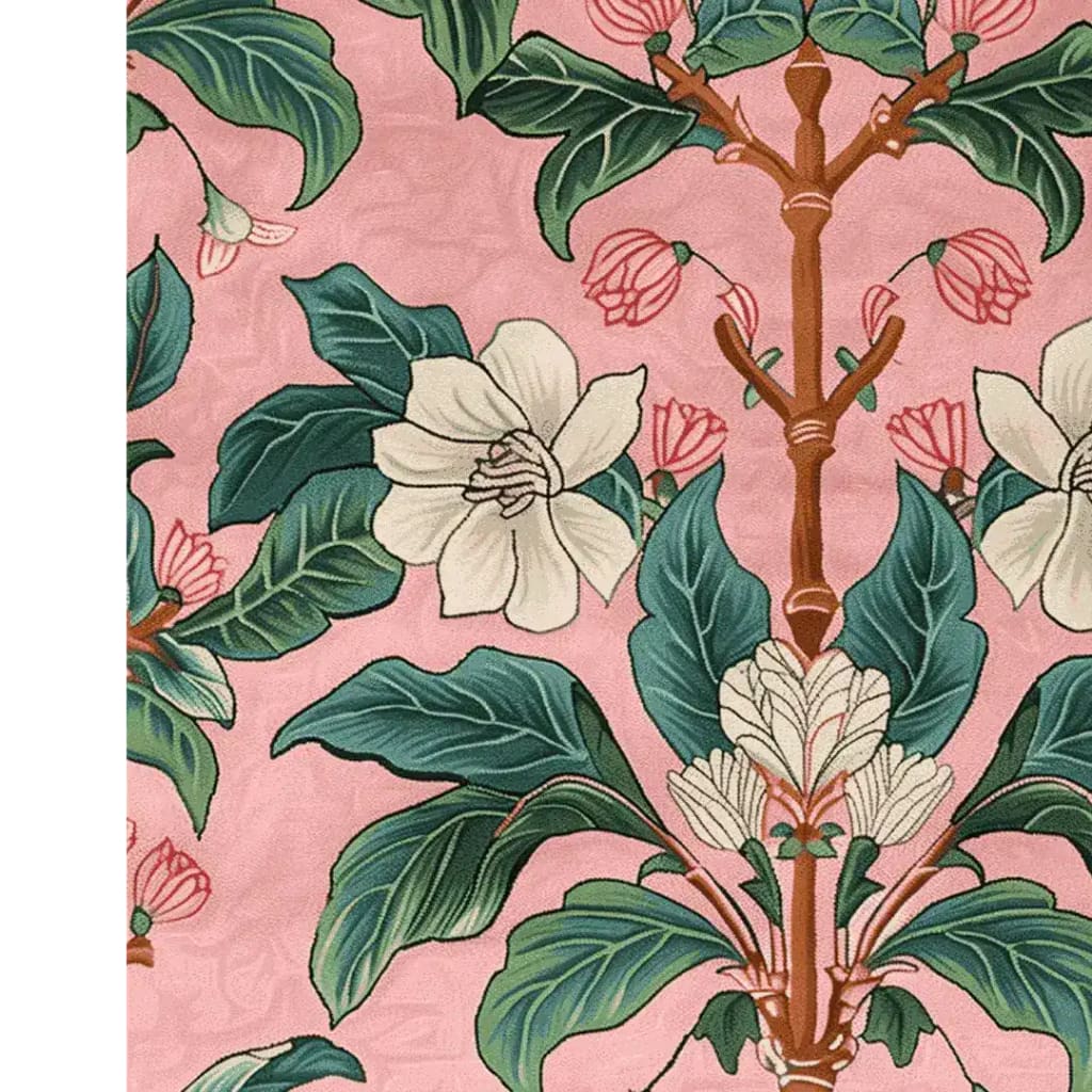 A beautifully detailed area rug featuring a vibrant floral design with large green leaves and white blossoms set against a soft pink background. Perfect for adding a touch of nature to your living room, this wool rug brings both elegance and comfort to any space.