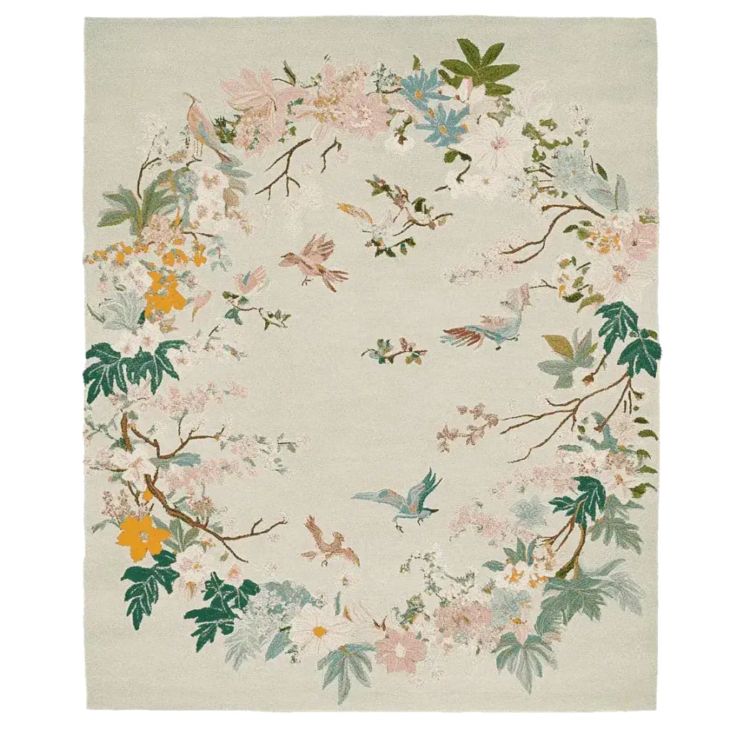 The Spring Garden Whirl Hand Tufted Area Rug features an exquisite floral design with vibrant colors, perfect for adding elegance to your living room. This wool rug showcases a delicate pattern of leaves and flowers, making it a standout piece among area rugs for living rooms.
