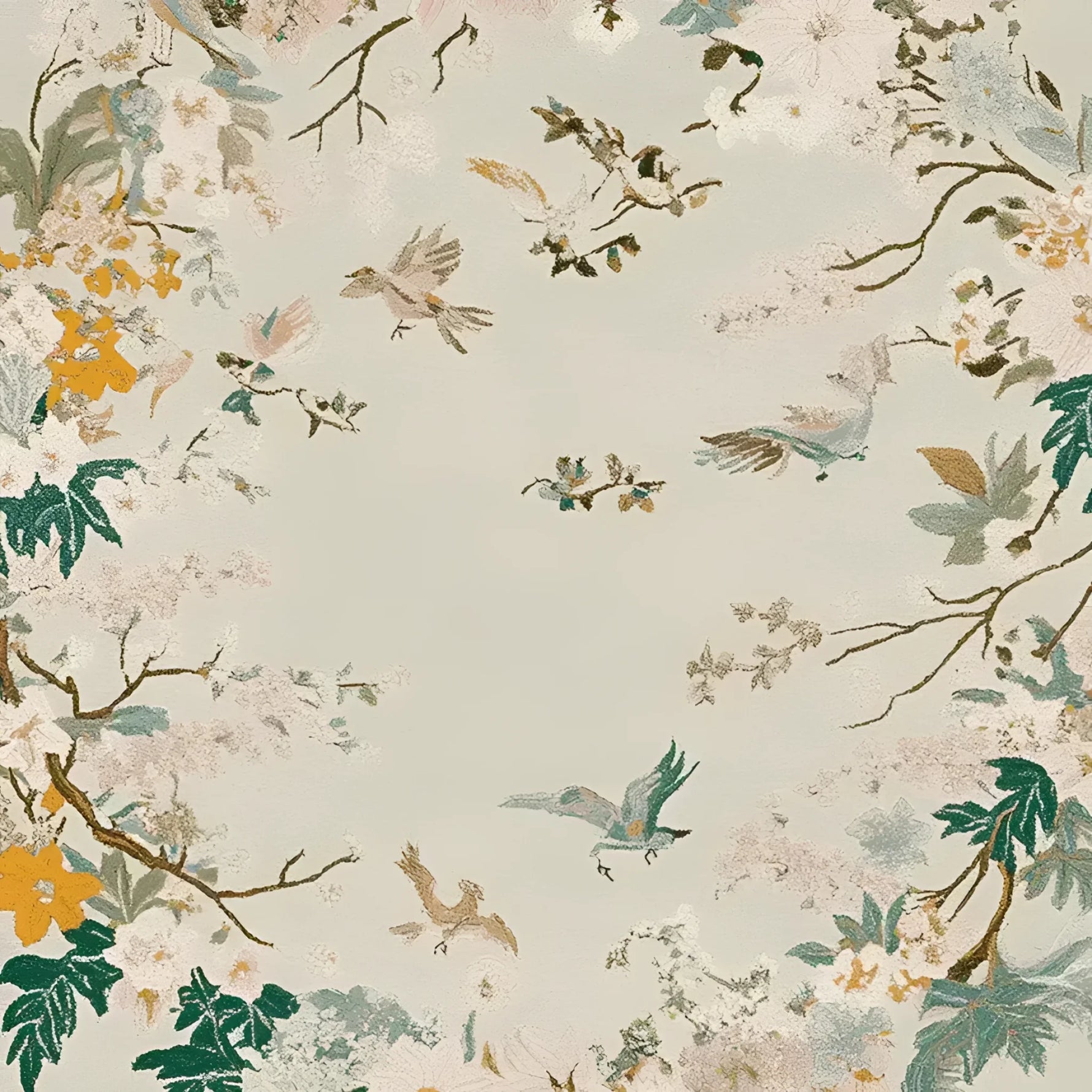 A beautifully designed area rug featuring a spring garden theme with birds and floral patterns, crafted from high-quality wool. This elegant rug is perfect for adding a touch of nature to your living room decor, making it an ideal choice for those seeking wool rugs and area rugs for living rooms.