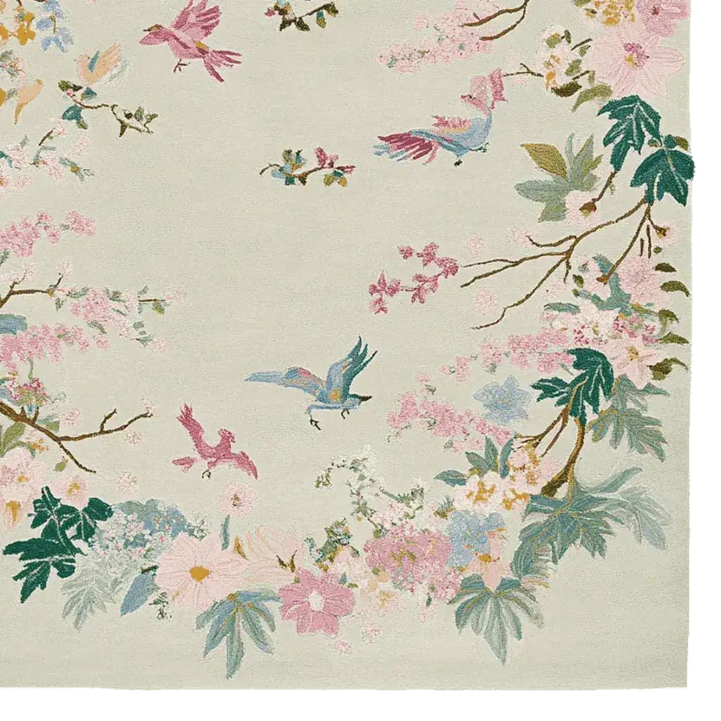 Beautifully designed area rug featuring a hand-tufted wool pattern with vibrant birds and flowers, ideal for adding a touch of nature to your living room. This exquisite wool rug showcases an intricate spring garden design, perfect for those seeking elegant area rugs for living room spaces.
