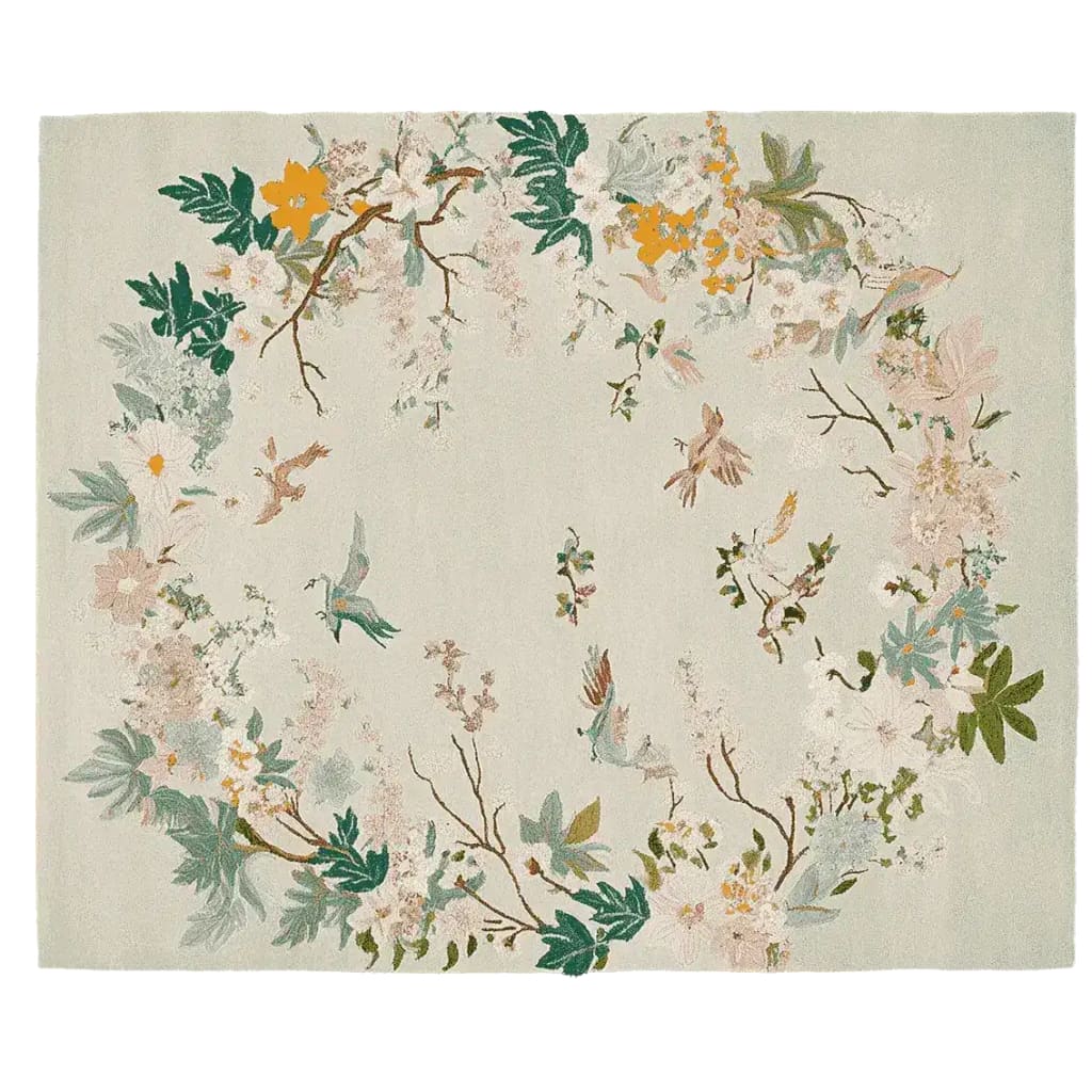 Beautiful hand-tufted area rug featuring a circular floral design with vibrant colors, perfect as a wool rug for adding elegance to any living room. This area rug enhances the charm of your home with its intricate details and spring garden theme.