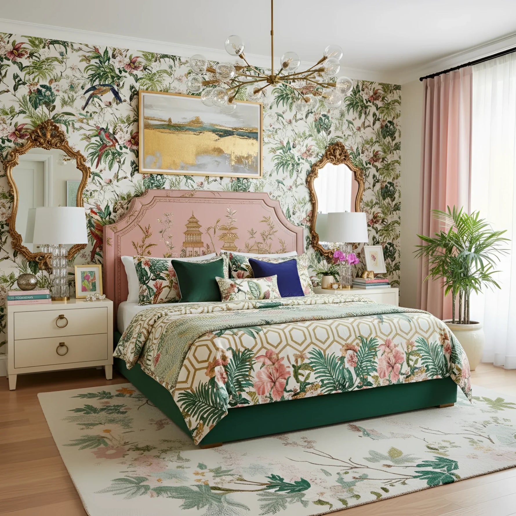 Decorative bedroom with floral wallpaper, bedspread, a chinoiserie rug, and furniture.