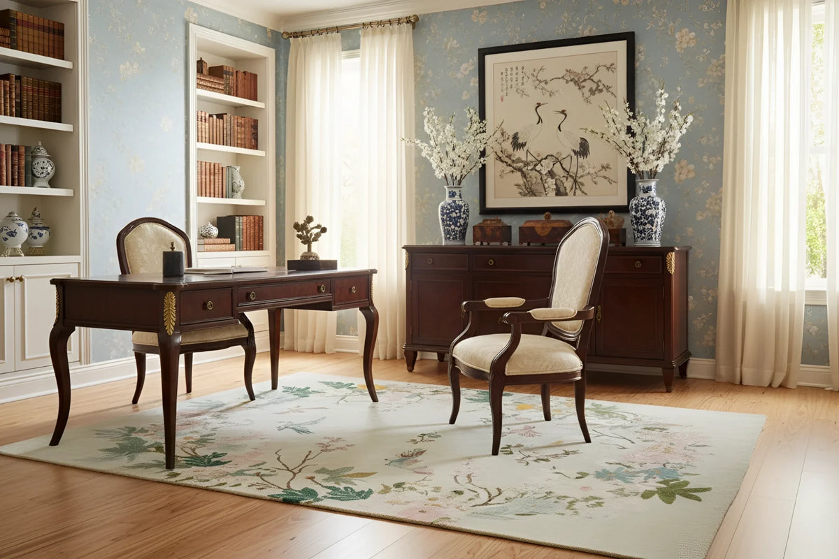 Classical office interior with wooden desk, a floral chinoiserie chic rug, chairs, and decorative elements.