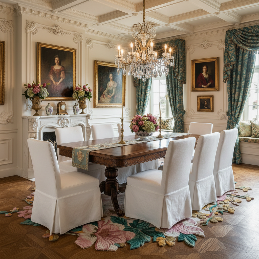 Elegant dining room with a large wooden table and white chairs, a floral wool rug, decorated with floral arrangements and classical paintings.